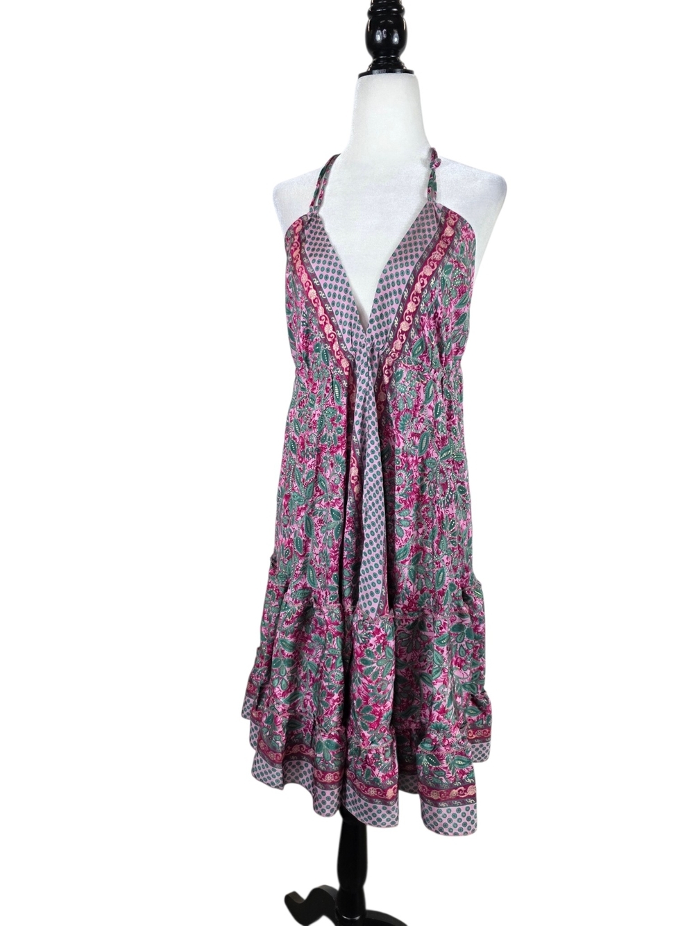 Banjara Silk Flowers and vines Halter Midi Dress in Pink and Green